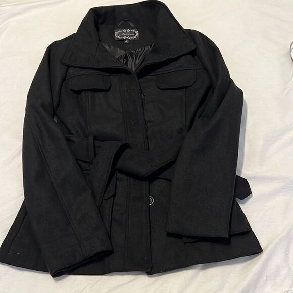 Ambiance szS black button front jacket with belt needs cleaning GUC - Picture 2 of 11